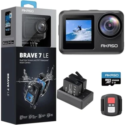 Abbildung von AKASO Brave 7 LE Action Cam 4k30FPS 20MP mit 256GB U3 Speicherkarte Unterwasserkamera IPX7 wasserdicht EIS 2.0 Kamera Touchscreen Doppelbildschirm Sportkamera 40M WiFi