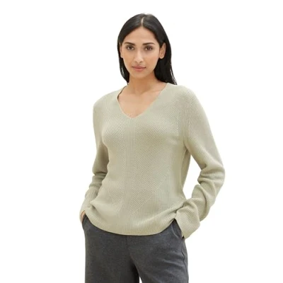 Abbildung von TOM TAILOR Damen Basic Strickpullover mit V Ausschnitt, 34895 Desert Green, XXS