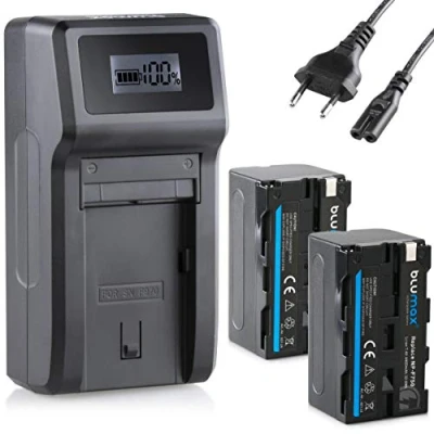 Abbildung von Blumax 2X Akku NP F750 / F550 4400mAh + Turbo Ladegerät kompatibel mit Sony F970 F960 F990 für Blitzgeräte Videoleuchten Fieldmonitore