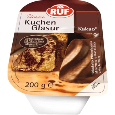 Abbildung von RUF Kuchen Glasur Kakao, 200g im Becher, mikrowellengeeignet, zum Glasieren &amp; Dekorieren von Plätzchen, Torten, glutenfrei