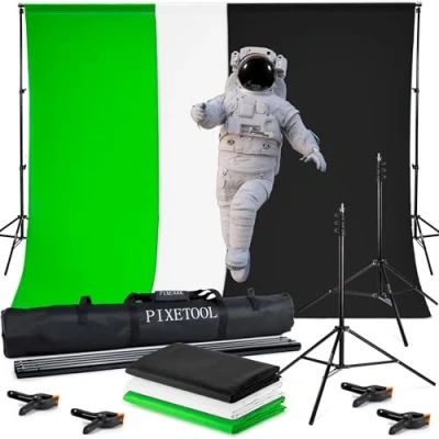 Abbildung von PIXETOOL Greenscreen (2,8m x 1,8m) mit Ständer (2m 2m) Fotohintergrund Green Screen Fotostudio Set Hintergrund 3x Hintergrundstoffe Stativ 4 Klemmen Gaming Streaming Fotografie Zubehör