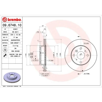 Abbildung von BREMBO 09.6748.10 Bremsscheibe 234 18 4 innenbelüftet mit Schrauben DAIHATSU: Gran Move, CHARADE 4, Applause 1 Schrägheck