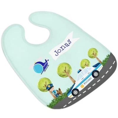 Abbildung von CreaDesign, Babylätzchen mit Name personalisiert Motiv Polizei, Baby Lätzchen Klettverschluss, 30 x 35 cm