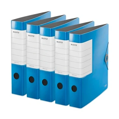 Abbildung von Leitz Qualitäts Ordner 180 Solid, 5er Pack, A4, Schmal, Hellblau, 6,2 cm Rückenbreite, Gummibandverschluss, Robustes Polyfoam, extra breites, austauschbares Rückenschild, 11130030
