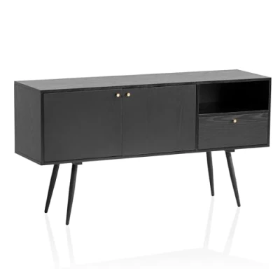 Abbildung von FineBuy Sideboard 140x75x40 cm Kommode Schwarz mit Eiche Dekor Zeitlos, Hoher Kommodenschrank, Standschrank Wohnzimmer 2 Türen und Schublade, Anrichte offenem Fach