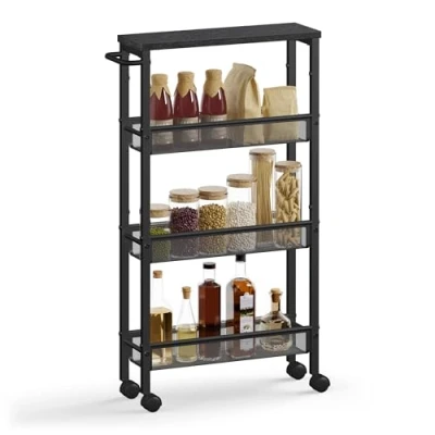 Abbildung von VASAGLE Rollwagen 4 Ebenen, Küchenwagen schmal, Nischenregal auf Rollen, Stahl, Griff, für kleine Räume, 13 x 45,4 77 cm, Küche, Bad, Wohnzimmer, Arbeitszimmer, Ebenholzschwarz schwarz LRC032B04
