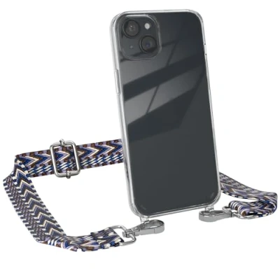 Abbildung von EAZY CASE Handykette mit verstellbarem Trageriemen für iPhone 15 Plus Taschengurt zum Wechseln transparenter Handyhülle Hülle dünner Schulterriemen in Blau Weiß Silber