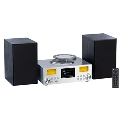Abbildung von VR Radio HiFi Anlage: Micro Stereoanlage: Webradio, DAB+, CD, Bluetooth, App, 300 W, Silber (DAB Anlage, Mini Samsung Toner)