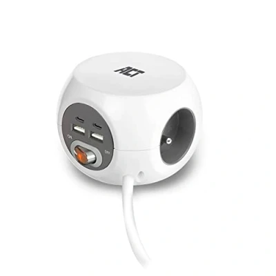 Abbildung von ACT Steckdosenwürfel mit USB (Belgien), Powercube 2 C und A Stecker (3.4A) Schalter, 3 Fach Steckdose, Inkl. Klebepad für Küche, Büro, Wohnzimmer, Kabellänge 1.5m, Farbe Weiß AC2435