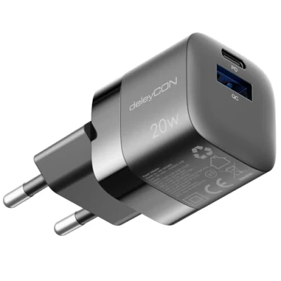 Abbildung von deleyCON Ladegerät USB A und C (2 Port Kompaktes Schnellladegerät) Netzteil für iPhone 16/15/14/13/12/11 iPad Galaxy S24/S23 Pixel Handy PD 3.0 Charger Schwarz