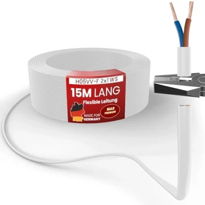 Abbildung von MAS Premium Von 5 bis 100m Kunststoffschlauchleitung H05VV F 2, 3 oder x0,75; x1; x1,5 x2,5 und 4G0,75 Flexible Leitung Kabel Gerätekabel (H05VV 2x1 WS, 15m)