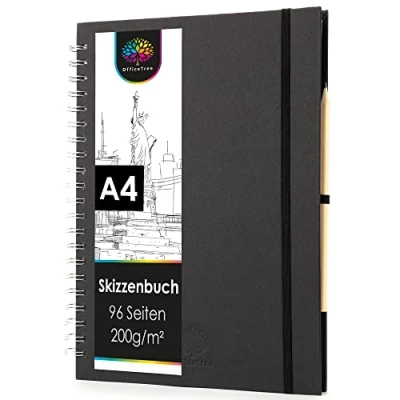 Abbildung von OfficeTree Skizzenbuch A4 hoch mit Verschluss, Stift und Stiftehalter, 96 Seiten 48 Blätter Sketchbook 200g Weißes Blanko Papier