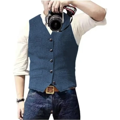 Abbildung von Solovedress Herren Casual Wolle Fischgrätmuster Anzug Weste V Ausschnitt Tweed für Hochzeit Groomsmen（Blau，L
