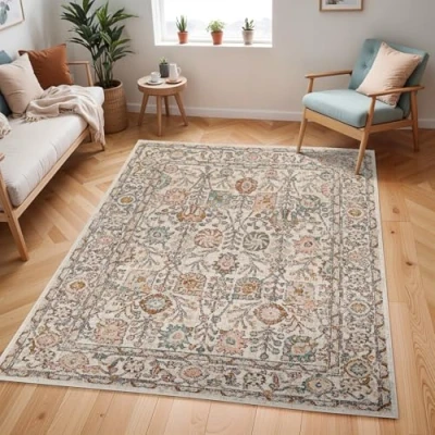 Abbildung von Surya Wicklow Vintage Teppich groß Orientalischer Wohnzimmer 200x275 cm, Esszimmer, Schlafzimmer Boho Teppich, Kurzflor für einfache Pflege Muster in Elfenbein und Rosa