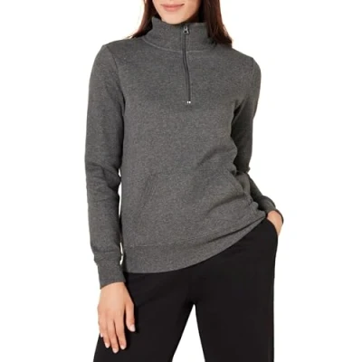 Abbildung von Amazon Essentials Damen Langarm Oberteil aus Fleece mit Viertelreißverschluss (in Übergröße erhältlich), Dunkelgrau Meliert, M