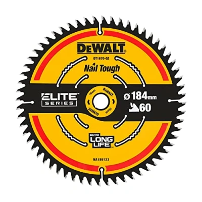 Abbildung von Dewalt Elite Kreissägeblatt DT1670 (Sägeblatt ø 184/16 mm, Schnittbreite: 1,65 60 Zähne, Zahngeometrie: WZ, Zahnwinkel: 7, ultra scharfe Hartmetall mit Nail Tough, für extra feine Schnitte)