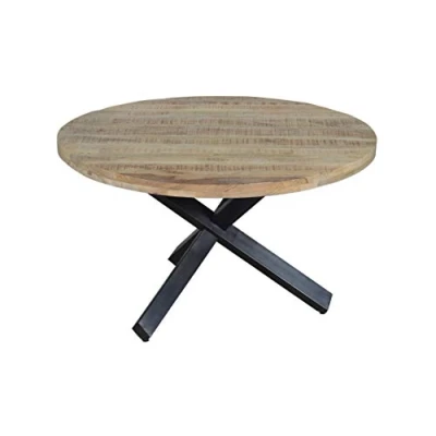 Abbildung von SAM Runder Esszimmertisch 130 cm Runis, Mangoholz massiv &amp; naturfarben, Esstisch im Used Look, schwarzer Metallfuß in Sternform, aufgedoppelte Tischplatte 50 mm