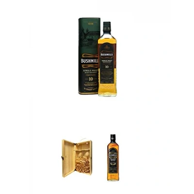 Abbildung von Bushmills 10 Jahre Matured in Two Woods 0,7 Liter + 1a Whisky Holzbox für 2 Flaschen mit Hakenverschluss Black Bush Irish Whiskey Country Antrim