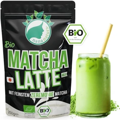 Abbildung von NanaNatura&#039;s Bio Matcha Latte Instant Pulver mit echtem Zeremonie aus Japan 250g heiß oder kalt (als Iced Latte) genießen glutenfrei