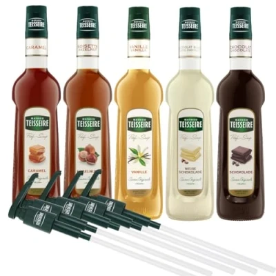 Abbildung von Mathieu Teisseire SET Café 5+5 5x Kaffee Sirup + Pumpen Karamell, Vanille, Schokolade, Haselnuss, Weisse Schokolade (5x 0,7l)