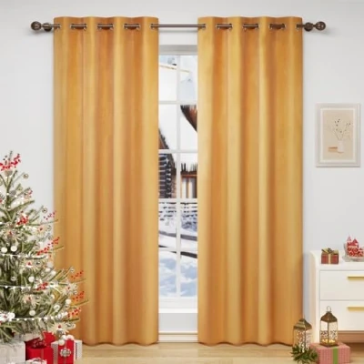 Abbildung von WOLTU Verdunklungsvorhang Blickdicht Samtvorhänge mit Ösen, 2 Stücke Thermogardine Ösenvorhang 300 g/m² Schwere Verdunkelungsgardinen lichtdicht für Schlafzimmer Wohnzimmer, 140x270 cm Senf