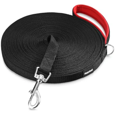 Abbildung von HAPPY HACHI Schleppleine für Hunde, 3m /5m /10m /15m /20m /25m /30m /33m Nylon Hundeleine mit Handschlaufe, Trainingsleine D Karabiner Große bis Kleine Hunde (Schwarz, 10m)