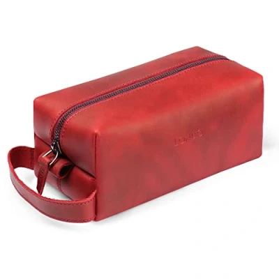 Abbildung von Londo Echtleder Reisetasche, Kulturtasche, Kosmetiktasche, Waschtasche Unisex (Rot)
