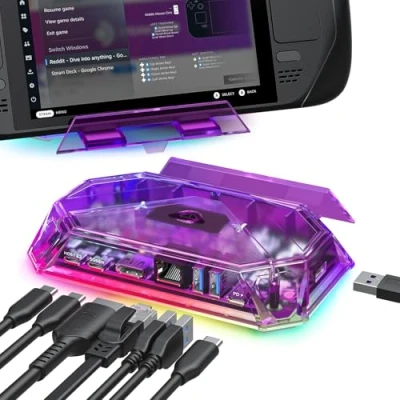 Abbildung von JSAUX RGB Docking Station kompatibel mit Steam Deck (OLED)/ROG Ally/Legion Go, 8 in 1 Dock 4K@60Hz HDMI, Gigabit Ethernet, USB C 3.0, Zwei A 2.0, 100W Ladung Amethyst