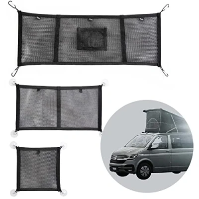 Abbildung von 040 Parts 3er Set Gepäck Netz Aufbewahrungs für alle Fenster und das Aufstelldach kompatibel mit VW T5 T6 Bulli, Multivan, California, Beach, Caravelle