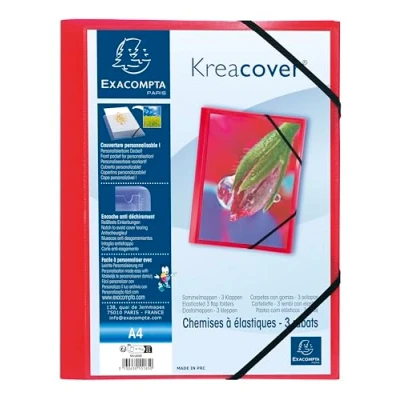 Abbildung von Exacompta Art. Nr. 55185E Karton mit 25 Gummizugmappen Kreacover Hüllen 3 Klappen aus transparentem Polypropylen Größe 24 x 32 cm für Dokumente im A4 Format Farbe rot