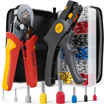 Abbildung von BAURIX® Crimpzange Set mit 1800 Aderendhülsen und Abisolierzange, Aderendhülsenzange selbsteinstellend für 0,25 10mm², Krimpzange, Crimp Zange, Presszange, Crimpwerkzeug Modell: PERSEUS (4 Kant)