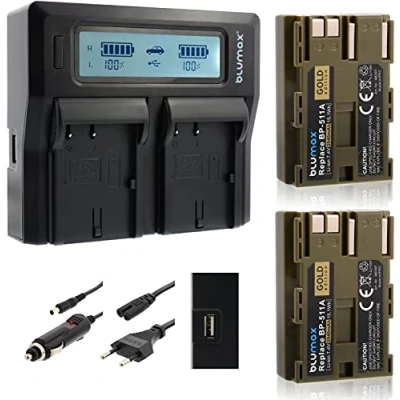 Abbildung von 2X Blumax Gold Edition Akku BP 511 / 511A 2040mAh + Doppelladegerät Dual Charger passend zu Canon EOS 5D/ 10D/ 20D/ 300D/ 30D/ 40D/ 50D UVM 2 Akkus gleichzeitig Laden