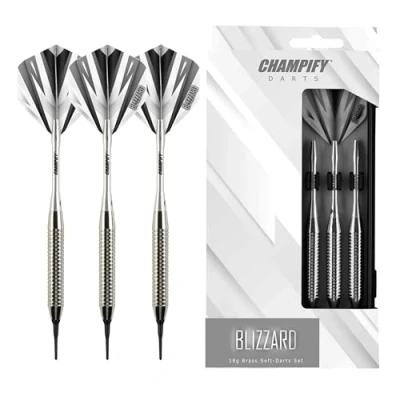 Abbildung von Champify® 18g Brass Soft Darts Set “Blizzard mit Kunststoff Spitze 3 Dartpfeile 6 Schäften &amp; Flights 30 Softdart Spitzen inkl. weiteres Zubehör Plastik