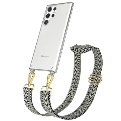 Abbildung von EAZY CASE Handykette Verstellbarer Trageriemen kompatibel mit Samsung Galaxy S22 Ultra, Schulterriemen, schmales Band, Handykordel, Riemen für Handyketten, Grün/Schwarz Metall Gold
