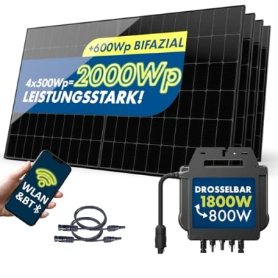 Abbildung von SPAUN Balkonkraftwerk 2000Wp 1800W Komplettset mit bis zu 2600Wp bifazialer PV Leistung und 3m Anschlusskabel zum Einstecken in die Steckdose Wifi Fernüberwachung, Mini Anlage, N TOPCon