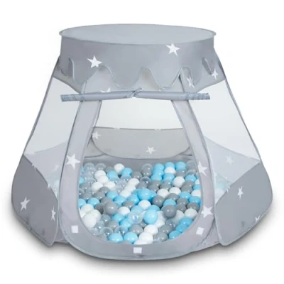 Abbildung von Selonis Baby Spielzelt Mit Plastikbällen Zelt 105X90cm/100 Bälle Plastikkugel Kinder, Grau:Grau Weiß Transparent Babyblau
