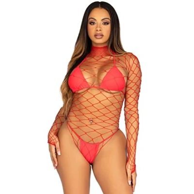 Abbildung von Leg Avenue Damen Langarm Body aus Netz, Einheitsgröße (Rote), 0.05 kg Dessous Set, red