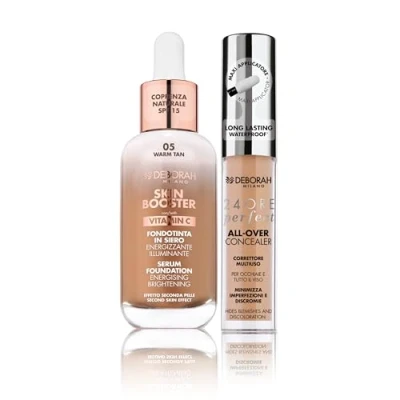 Abbildung von Deborah Milano Set Skin Booster Serum, LSF 15, N.5 Warm Tan, mit Vitamin C, natürlicher Effekt, 30 ml und Concealer, 24 Stunden Perfect All Over, 05 Bernstein, langer Halt, wasserdicht, 5,5 g