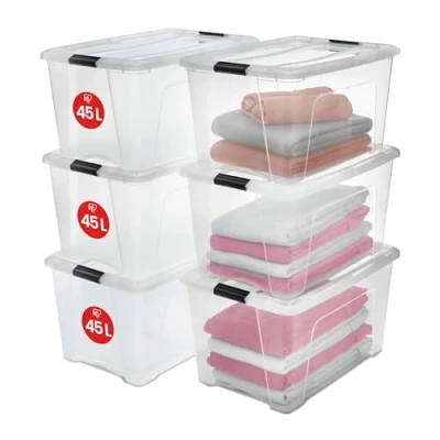 Abbildung von Iris Ohyama Aufbewahrungsboxen mit Deckel, 45L, 6er Set, Transparent, Sicherer Verschluss, Stapelbar, Griffe, Schlafzimmer, Schrank, Büro, Organisation, BPA freies Plastik, Ordnungsboxen, NTB 45
