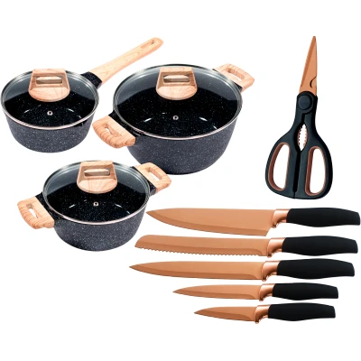 Abbildung von KING Topf Set &quot;&quot;ESSENTIAL&quot; Aluminiumguss, Induktion, Antihaftbeschichtung&quot;, (Set, 12 tlg., 2 Töpfe, 1 Stieltopf, 3 Glasdeckel), inkl. 5 Küchenmesser, Schere