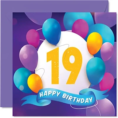 Abbildung von Geburtstagskarte zum 19. Geburtstag für Männer und Frauen Ballon Party Happy Birthday Karten 19 Jahre alte Männer, Frauen, Bruder, Schwester, Sohn, Tochter, Enkelin, Cousin, 145 mm x