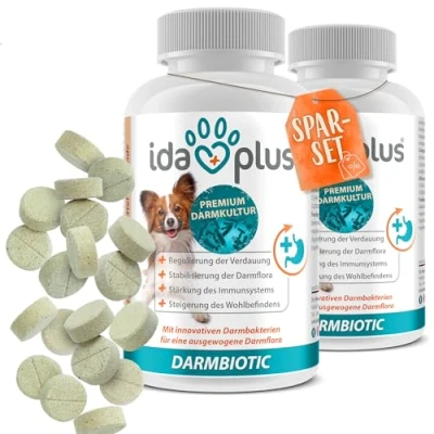 Abbildung von Ida Plus Darmbiotic TESTSIEGER Probiotika zur Darmsanierung für den Hund Darmflora aufbauen nach Durchfall gesunde aktive Darmbakterien Immunsystem Regulierung Verdauung 240 Tabletten
