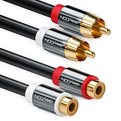 Abbildung von deleyCON 1m Cinch Verlängerung RCA Verlängerungskabel Stereo Audio Kabel 2x Stecker zu Buchse vergoldete Metallstecker Schwarz