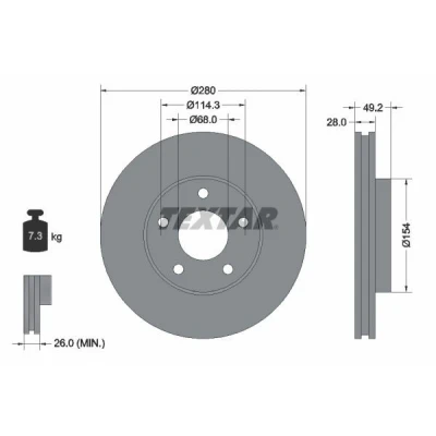 Abbildung von TEXTAR PRO 92109403 Bremsscheibe 280 28 05/05 114,3 innenbelüftet beschichtet ohne Radbefestigungsbolzen, Radnabe NISSAN: X Trail, Almera Tino