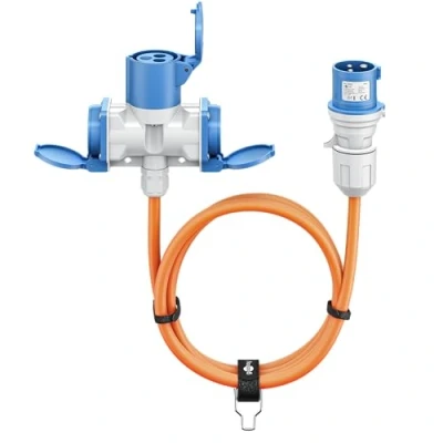 Abbildung von goobay EEC Caravan Adapterkabel 5m CEE Stecker auf 1x Buchse und 2X Steckdose mit Schutzkontakt, IP 44, Campingkabel, Wohnmobil BAU, 76265