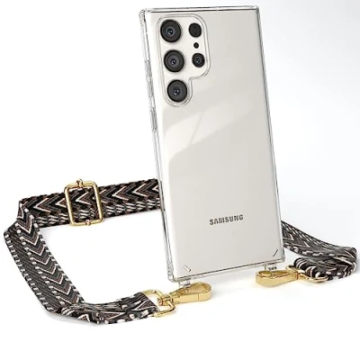 Abbildung von EAZY CASE Handykette Verstellbarer Gurt kompatibel mit Samsung Galaxy S23 Ultra, Schulterriemen, Flache Kordel, Handykordel Hülle, Hülle Kette, Grau/Schwarz Metall Gold