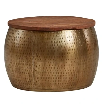Abbildung von FineBuy Couchtisch Mango Massivholz Metall 60x60x40 cm Gold Rund mit Stauraum, Design Wohnzimmertisch abnehmbare Platte, Loungetisch Sofatisch Wohnzimmer Modern
