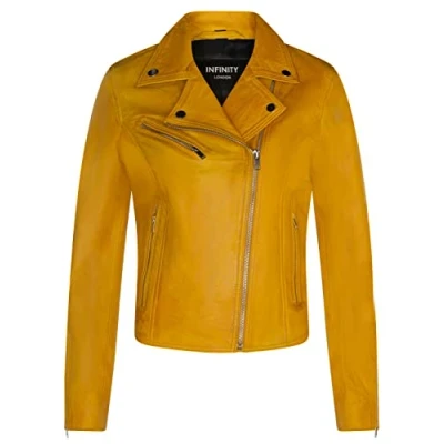Abbildung von Infinity Leather Damen Gelb Lederjacke Klassische Bikerjacke Aus Echtem Leder L