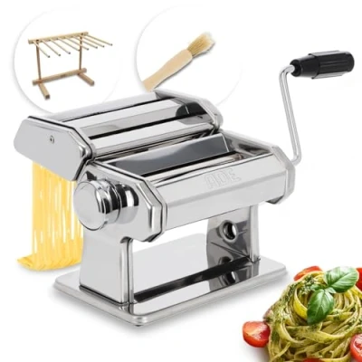 Abbildung von ADE Hochwertige manuelle Nudelmaschine 7 Teigstärken für Lasagne Spaghetti Fettucine mit Extras: Nudeltrockner und Reinigungspinsel Pastamaker aus Edelstahl Pastamaschine Nudelteigmaschine