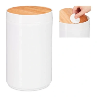 Abbildung von Relaxdays Kosmetikeimer, Bambus Schwingdeckel, moderner Bad Mülleimer, Kunststoff, 5,5 L, H, B x D: 26,5 18 cm, weiß
